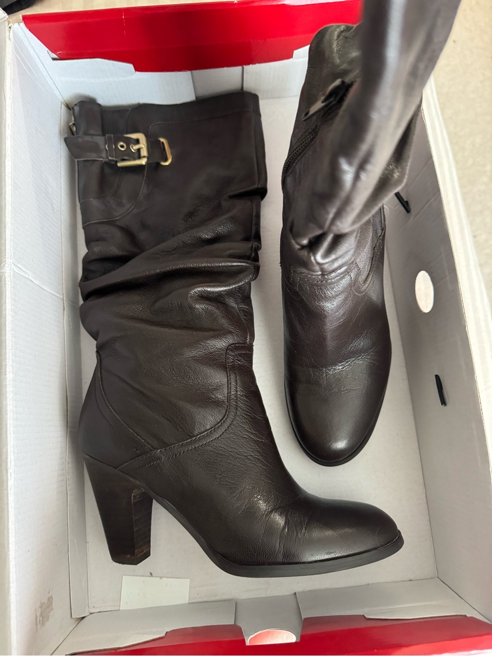 Guess Dark Brown Leather Mid-Calf Heeled Boots